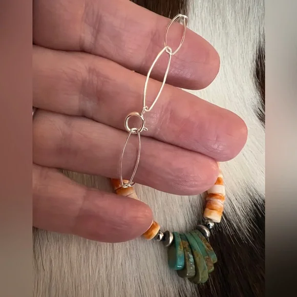 ❤️ Spiny Oyster Heishi Beads & 925 Desert Pearl Navajo Style Jacla Necklace 18” - Picture 10 of 14